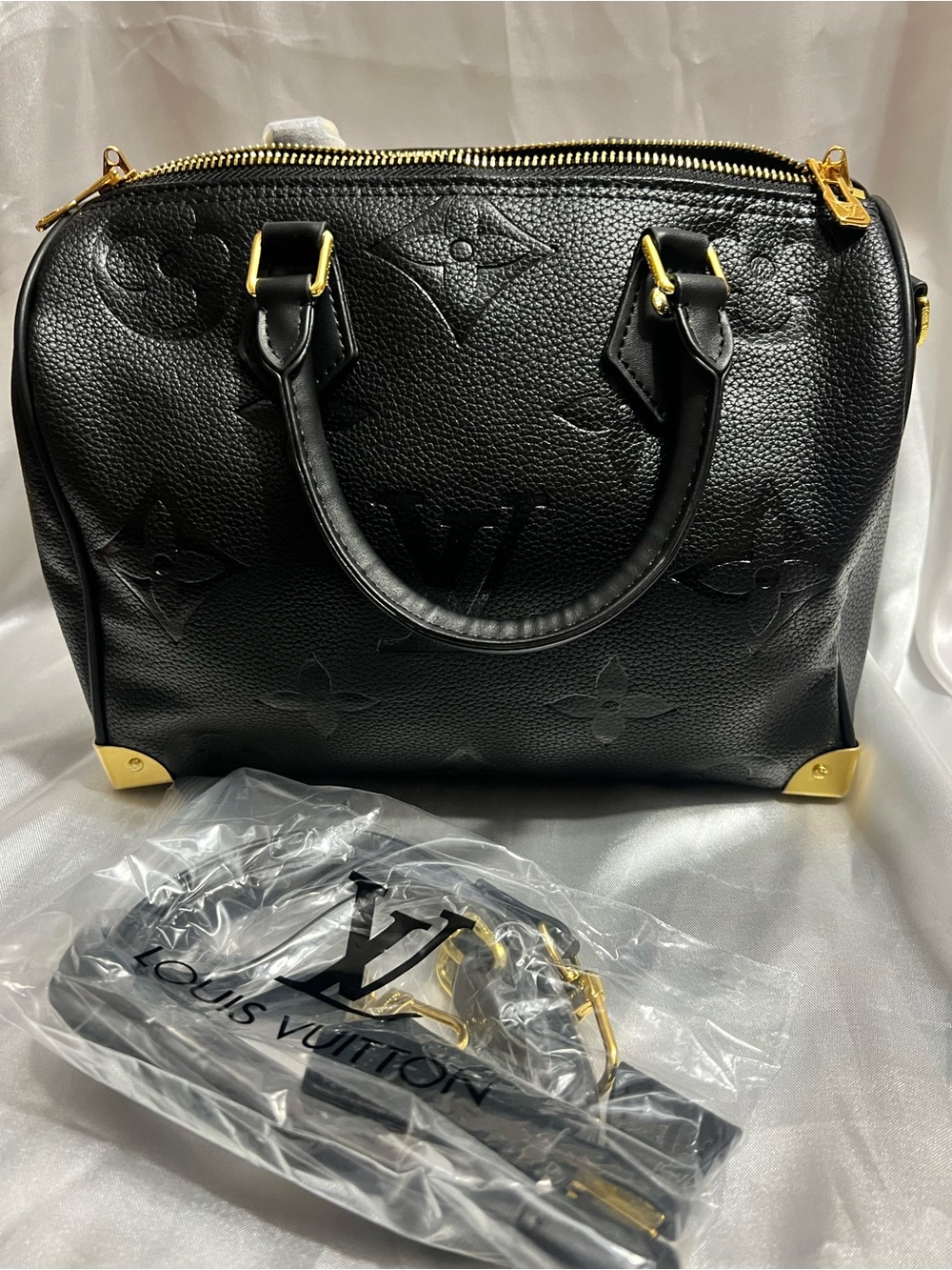 L-Black Monogram Embossed Leather Satchel